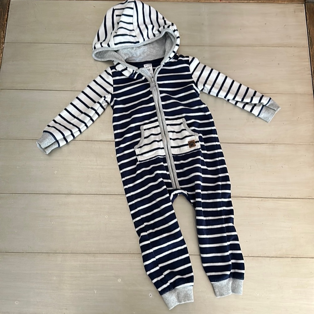 Long Sleeve Hoodie Zip Up Onesie with Stripes and Front Pocket